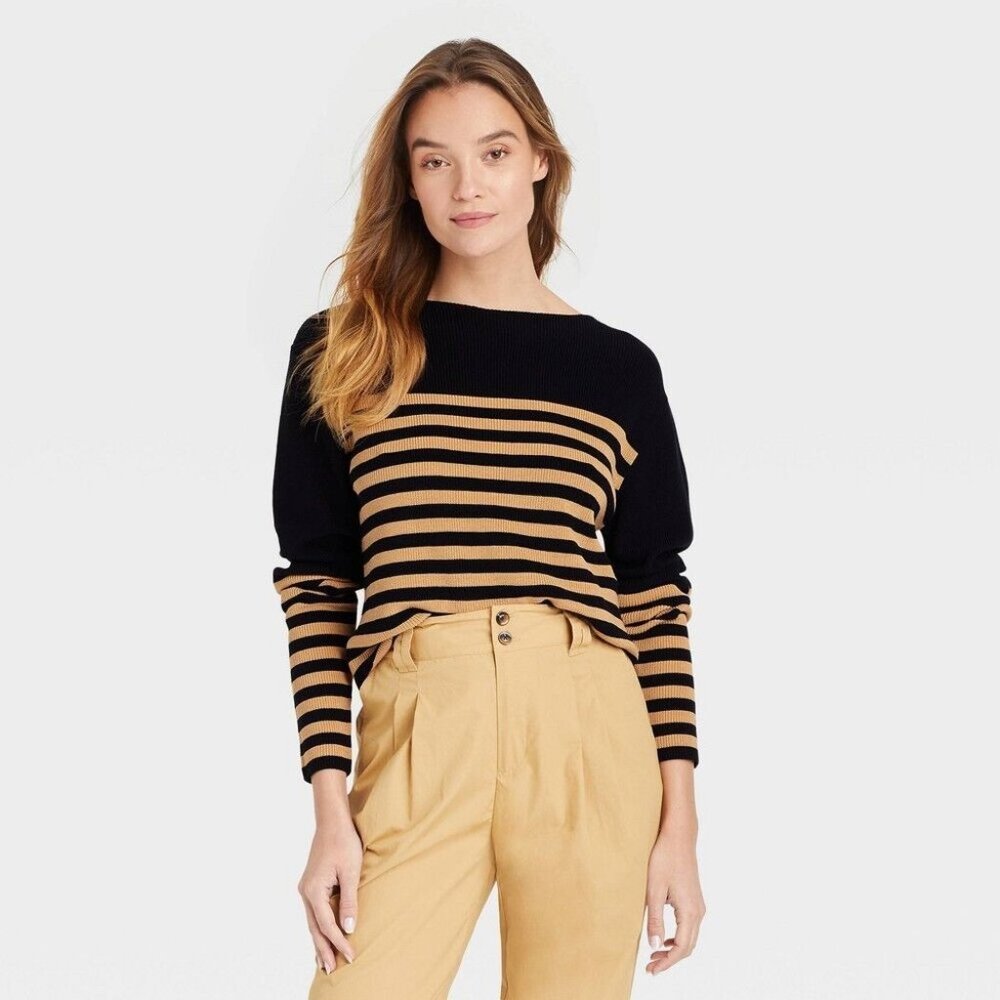 Who What Wear Women's Boat Neck Pullover Sweater -  Black Striped Size Small